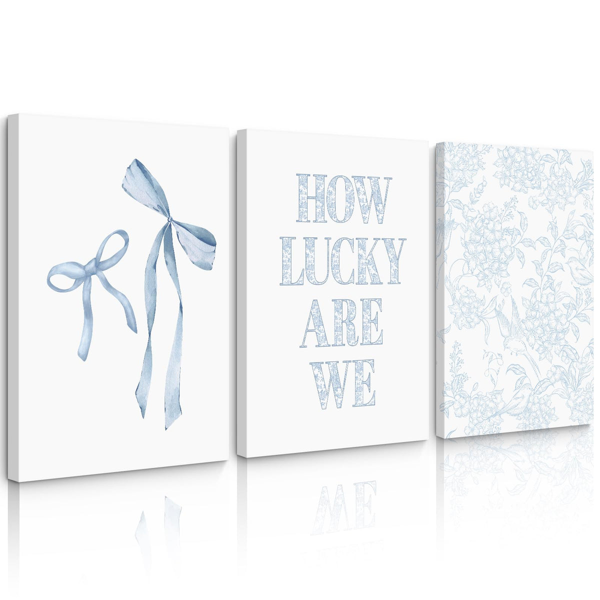 Light Blue Bow Floral Wall Art Preppy Coquette Canvas Wall Decor Aesthetic Trendy Poster Blue Bow Picture Chinoiserie Flower Painting How Lucky Are We Prints for Dorm 12x16 Inch Ready to Hang Set of 3 (Blue Bow Art / 12x16 Inch Wrapped Canvas)