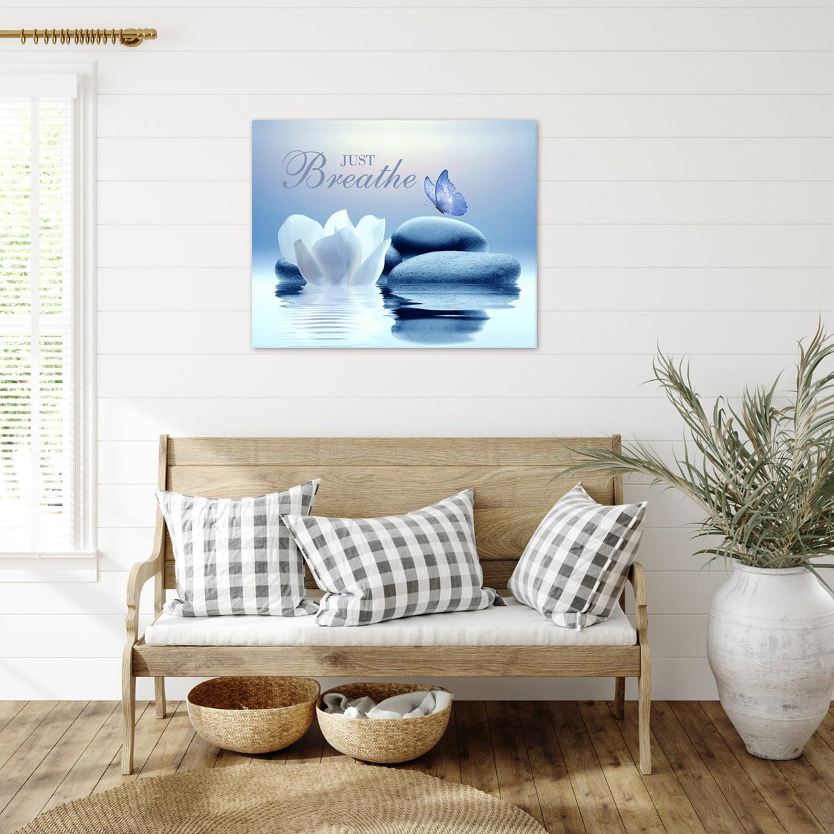 Zen Canvas Wall Art Bathroom Blue Butterfly and Floral Stone Relaxing Just Breathe Framed Wall Art Yoga Spa Office Calming Pictures Canvas Wall Decor for Living Room Bedroom (12"L x 16"W / Blue)
