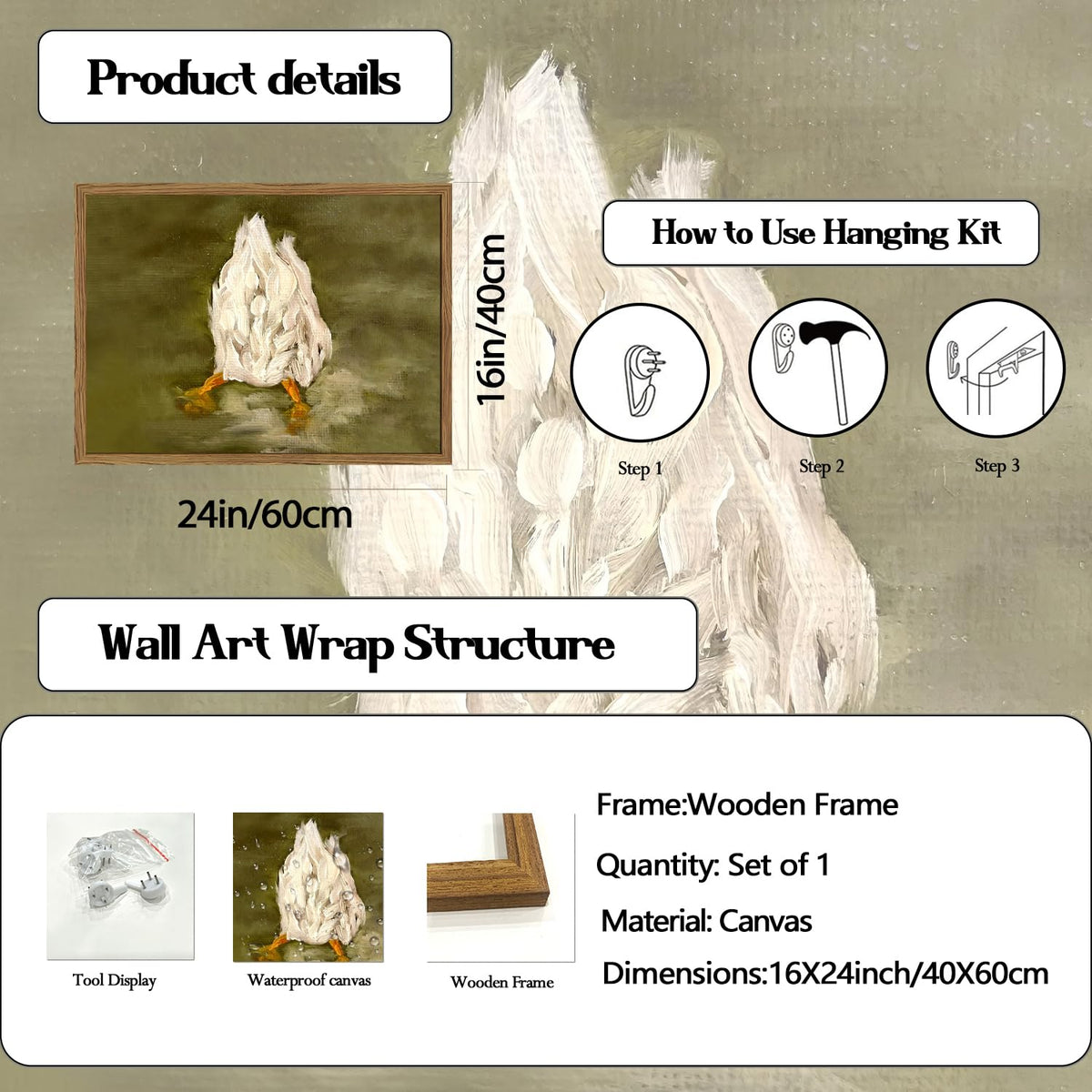 Cute Duck Wall Art Funny Goose Butt Wall Decor Painting (Animal-A / 24"L x 16"W)
