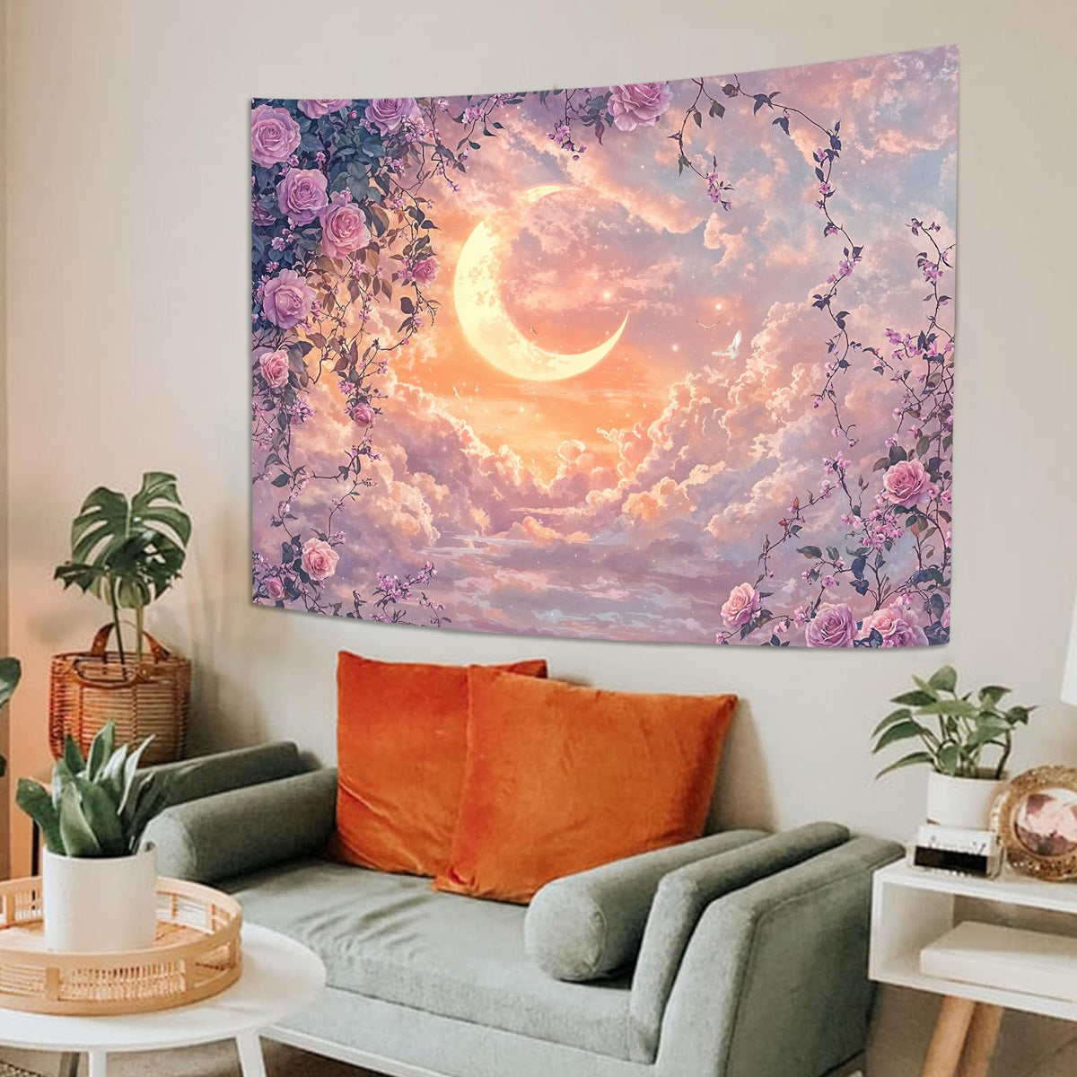 Pastel Rose and Moon Tapestry (80"L x 60"W / Purple Yellow)