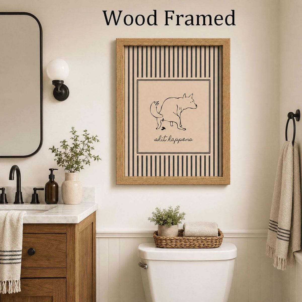 Funny Dog Bathroom Framed Wall Art (pooping dog / 16"L x 12"W)