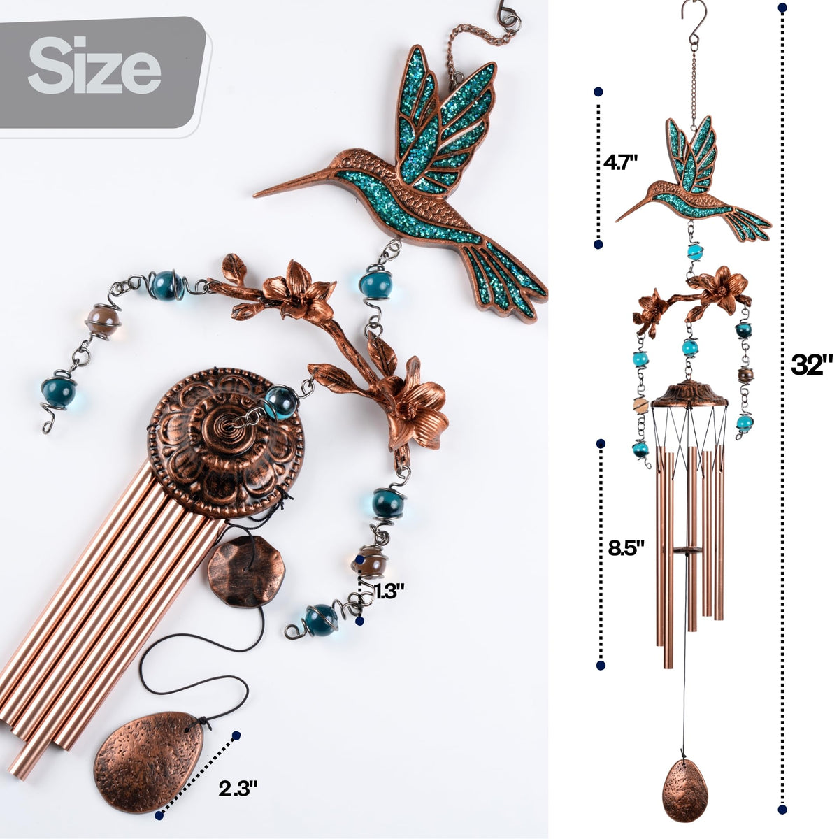 Wind Chimes Wind Chimes for Outside Deep Tone 32 inches 5 Aluminum Tubes (32" Hummingbird Turquoise)
