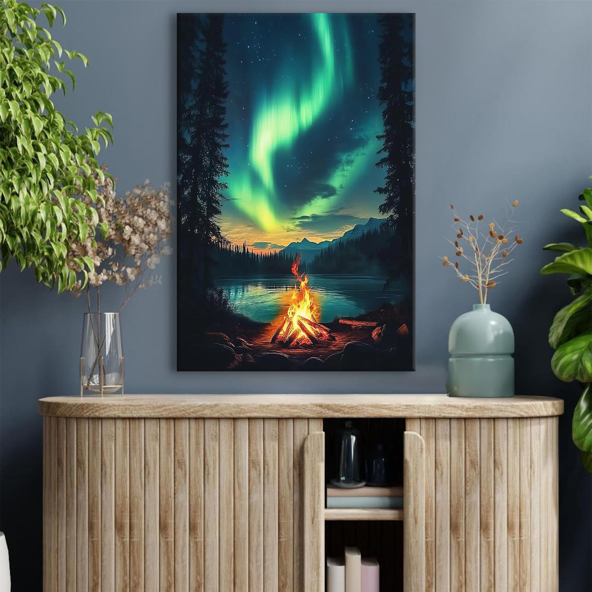 Northern Lights Wall Art for Kitchen Wall Decor Aurora Forest Landscape Canvas Prints Pine Trees Lake Painting Night Views Posters Rustic Country Picture Artwork Modern Home Bathroom Decoration 16x24" (16"L x 24"W / Nature15)