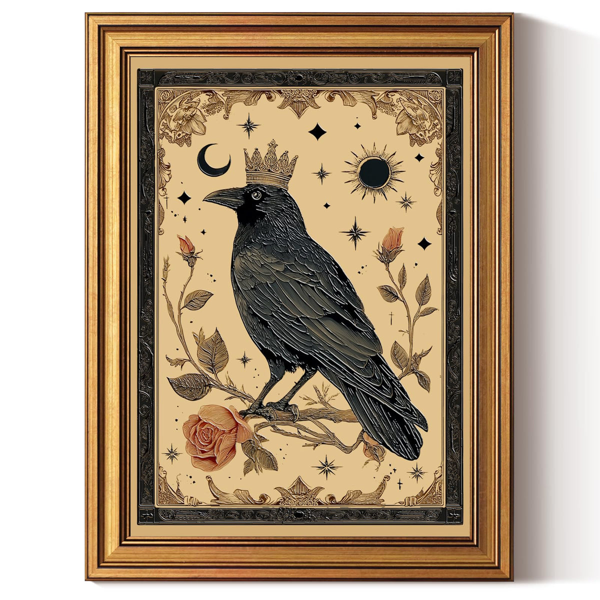 3D Textured Gold Framed Wall Art (Crowned Raven Taro / 16"L x 12"W)