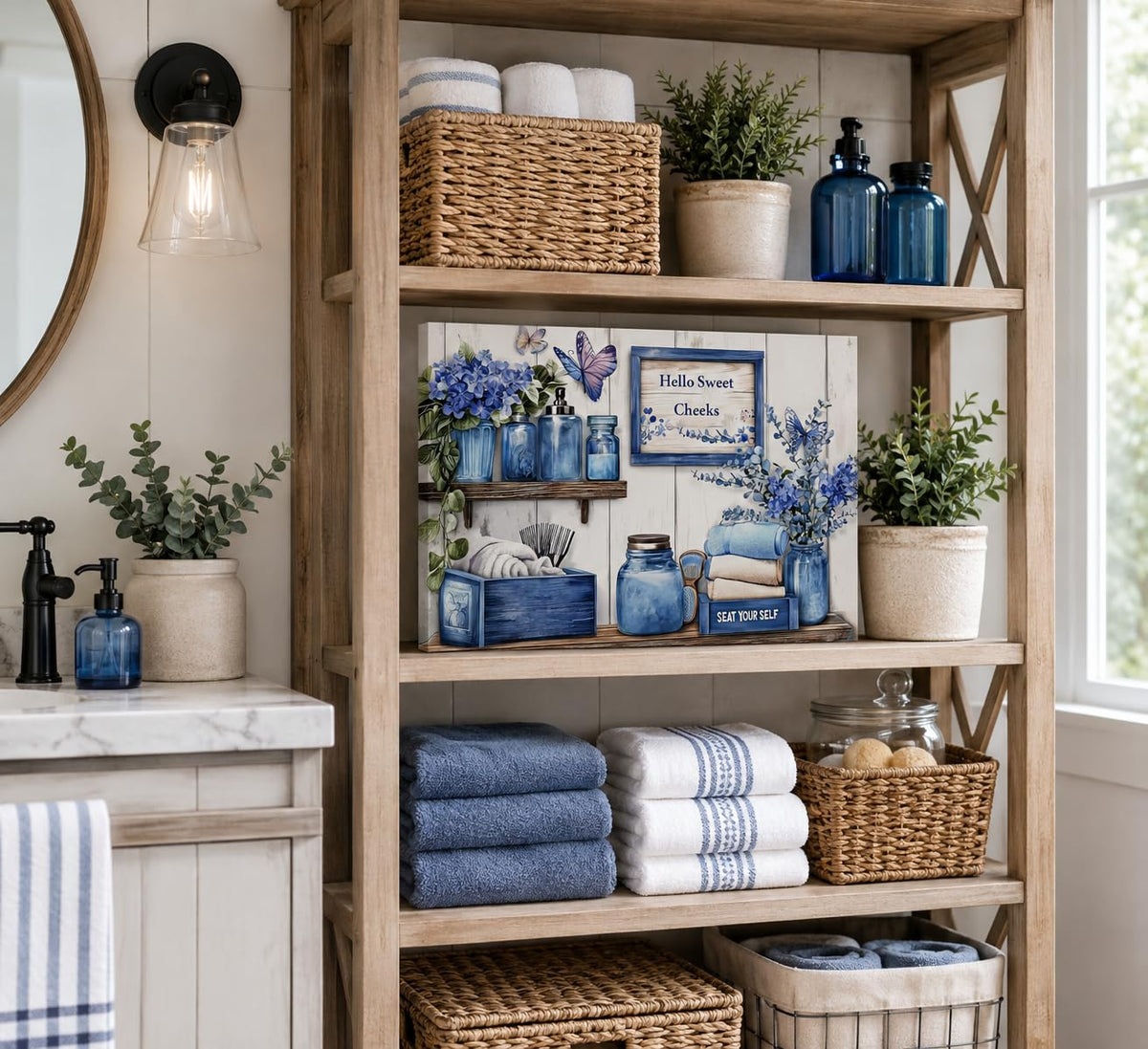 Navy Blue Farmhouse Bathroom Canvas Wall Art 16x24Inches (Blue Canvas / 24"L x 16"W)