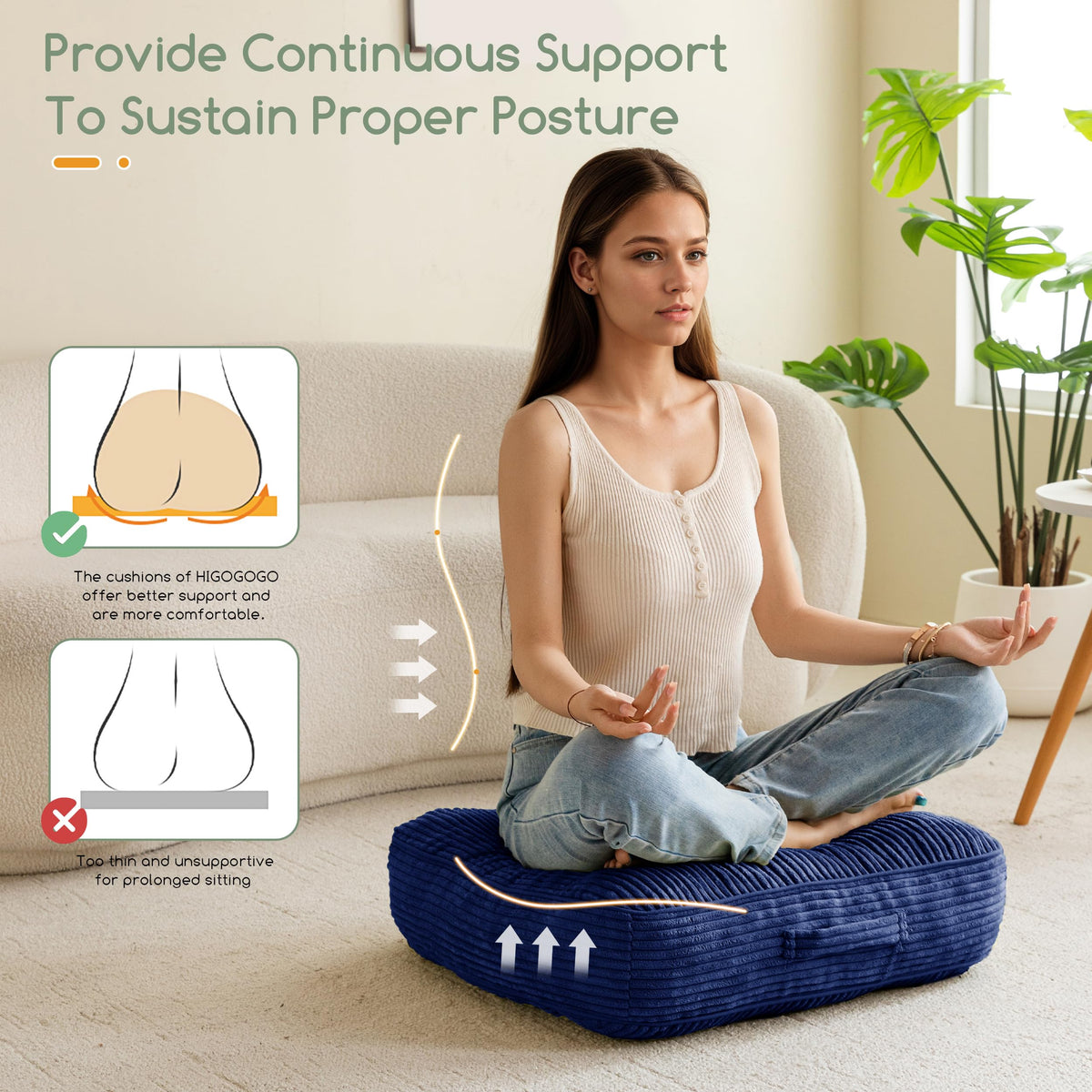 6" Extra Thick Floor Pillow Cushion for Adults (Square Navy / 6" Thick(Pack of 2))