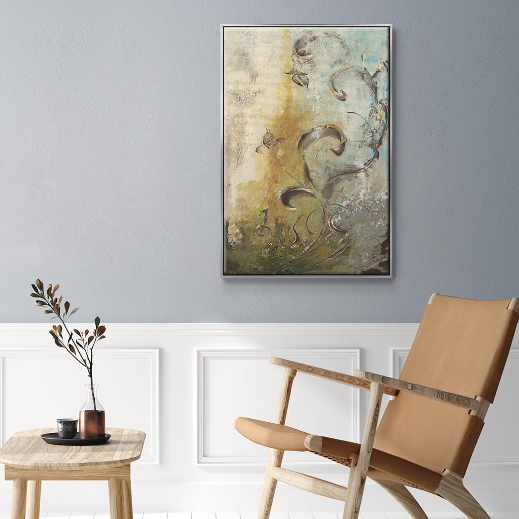 Nature Wall Art Silver Floating Frame Paintings Modern Enchanted Garden Foliage Abstract Hanging Artwork Home Prints for Bedroom Office Kitchen (41"L x 27"W / Enchanted Garden I)