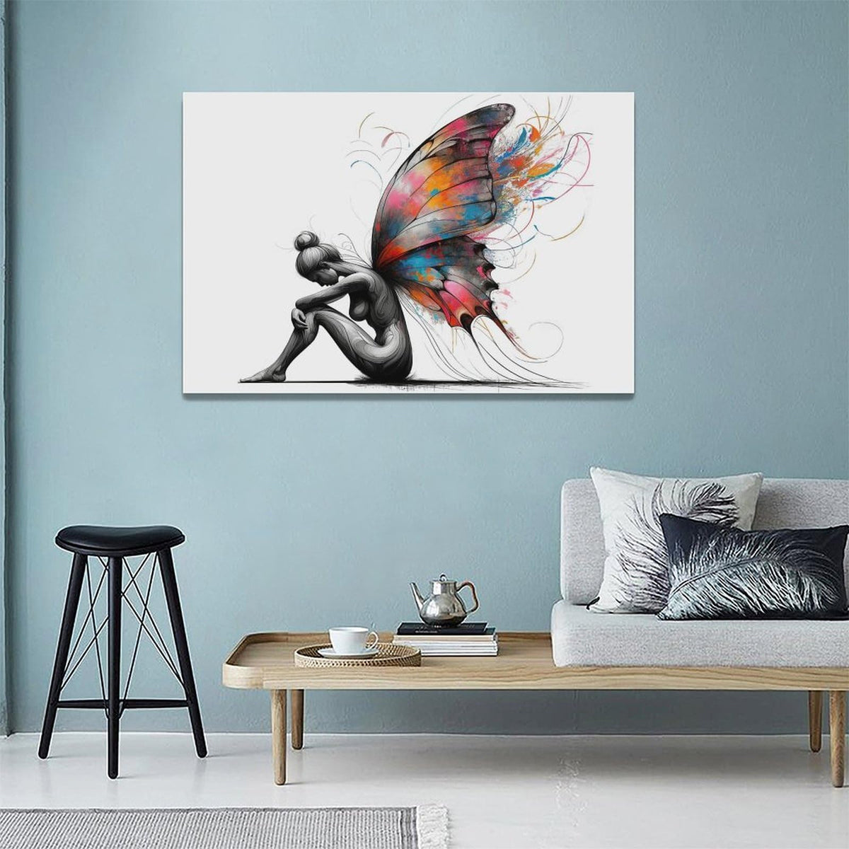 Butterfly Girl Wall Decor Colorful Butterfly Wings Pictures Canvas Wall Art Female Woman Painting Girl Room Decor Artwork Decorations Framed for Bedroom Bathroom living Room Office 24 x 16 inch (24"L x 16"W / Butterfly Wings)