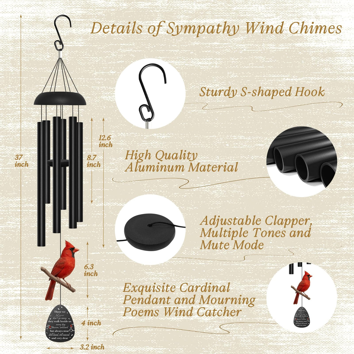 Cardinal Memorial Wind Chimes for Loss of a Loved One (Cardinal & Black Tubes)