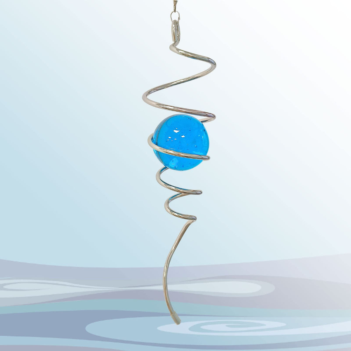 Gazing Ball Spiral Decorative Wind Spinner Tail with Blue Glass Orb (13in / 006-blue)