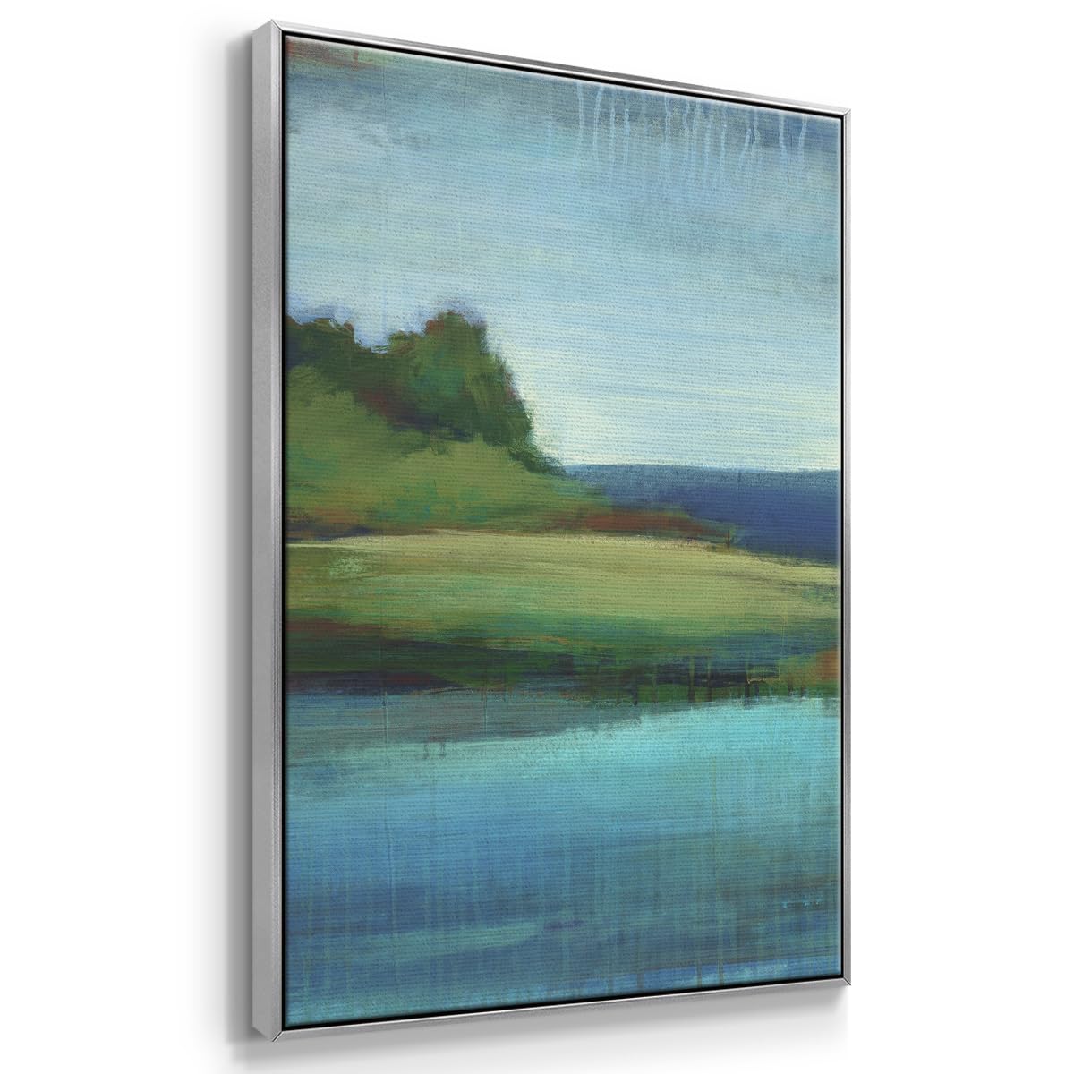 Canvas Nature Wall Art Home Paintings & Prints Green Calm Valley along Lakeside Abstract Silver Floater Frame Decorations for Office Kitchen Living Room (41"L x 27"W / Silent Lakeside I)