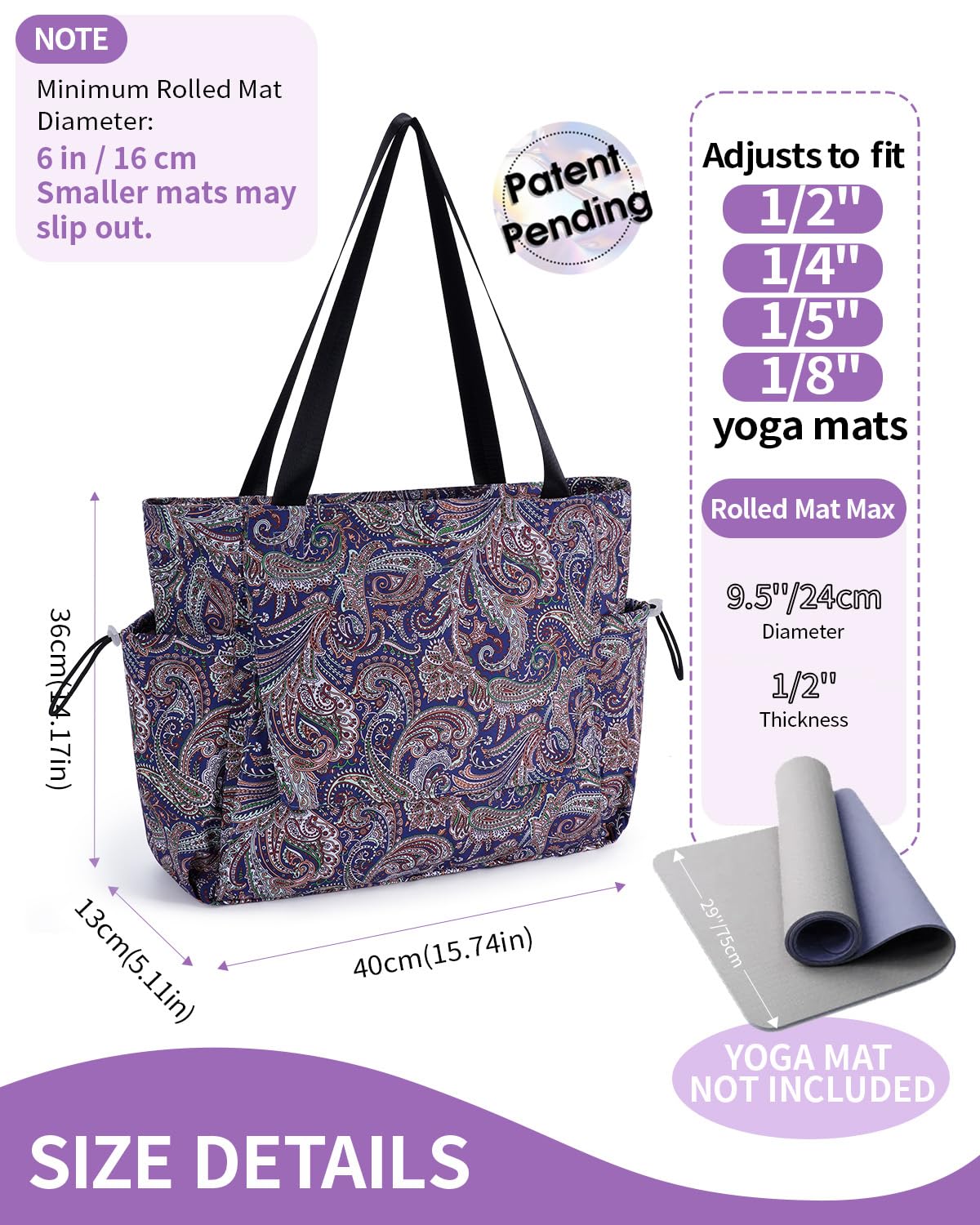 Yoga Mat Bag Waterproof Tote Gym Bag Mat Carrier W (Navy Blue Floral)