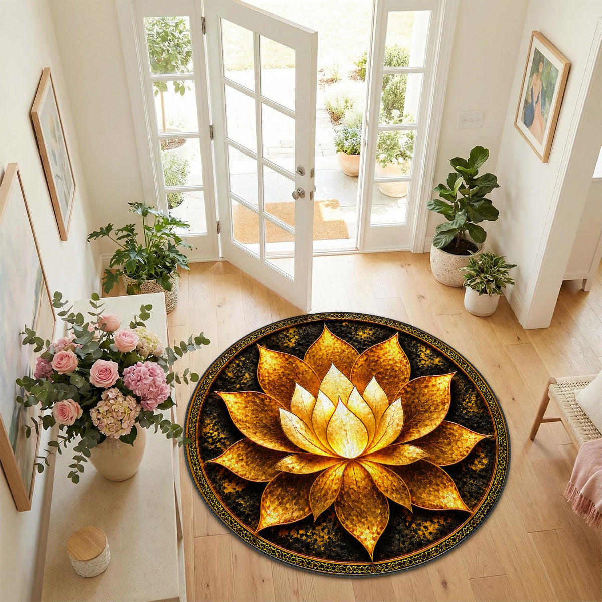 Luxury Golden Lotus Round Area Rug 4ft (85 / 4' (Round))