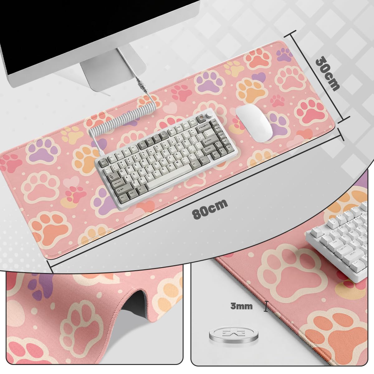 Paw Print Large Gaming Mouse Pad Cute Pet Pink Kawaii Heart Desk Mat (Paw Print / 31.5L x 11.5W inches)