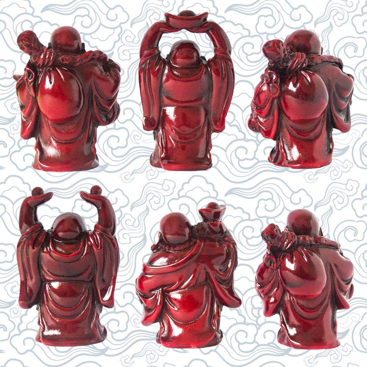 Set of 6 Laughing Happy Buddha Statue Resin Figurines Feng Shui for Luck Wealth Good Gift and Collection (Dark Red / 2.5'')