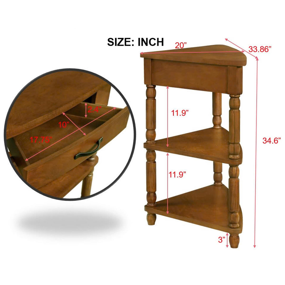 Small Triangle Corner Table Wood Corner Side Tables with Drawer & 2 Open Shelves 3 Tier End Table with Solid Wood Legs for Small Spaces Living Room (33.86"L x 20"W x 34.57"H / Brown)