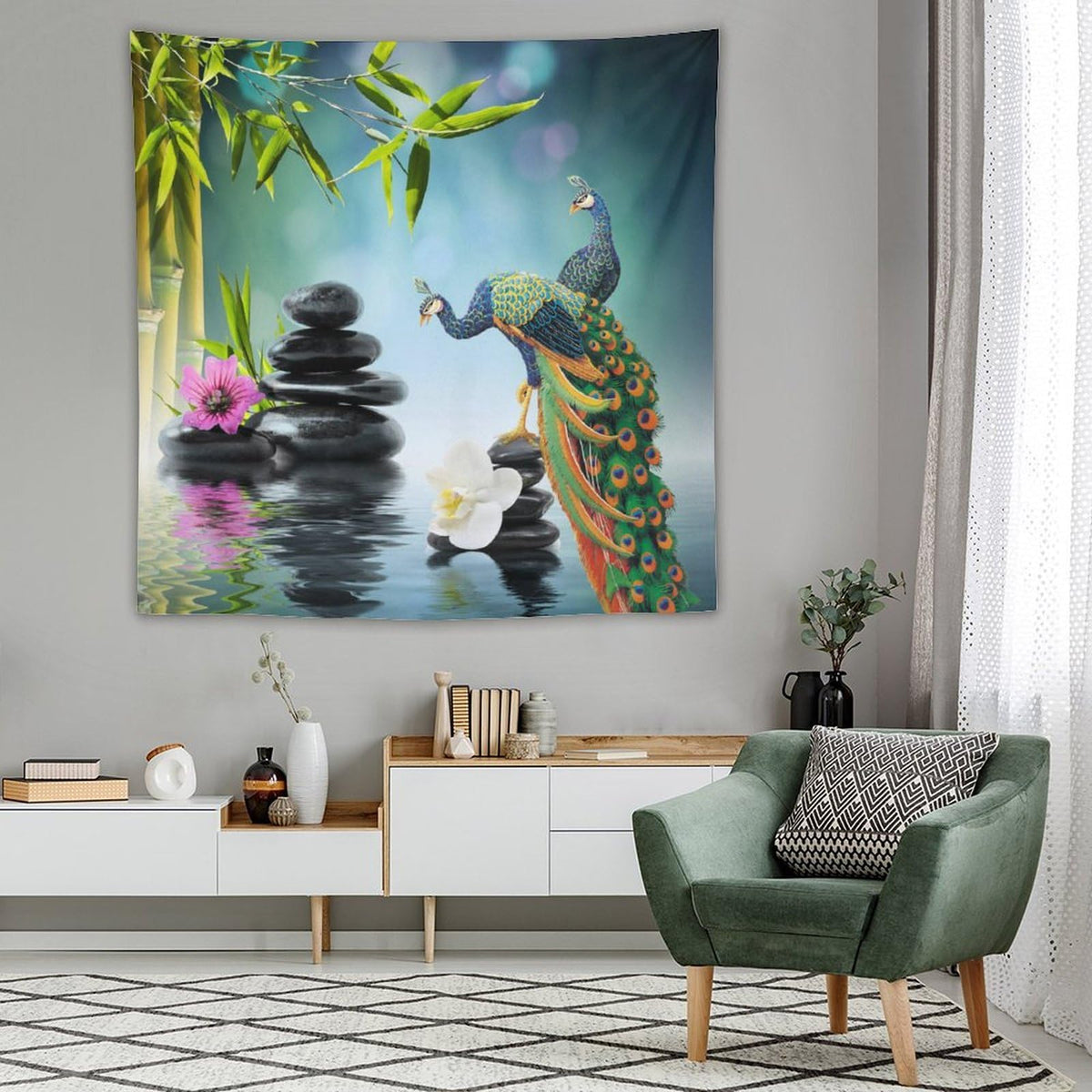 Zen Garden Tapestry Wall Hanging Peacock Green Bamboo Leaf Purple White Flower Black Stone Water Landscape Spa Themed Tapestries Home Decor for Living Room Bedroom 60"x60" (60"L x 60"W / Zen-9)