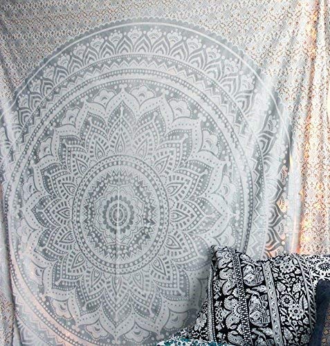 Tapestry Wall Hanging Hippie Ombre Mandala Bohemian Hippy Metallic Shine Intricate Indian Tapestries Bedspread 54 x 82 Inches (82"L x 54"W / Silver)