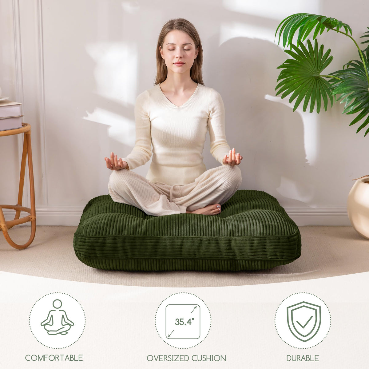 35" Floor Pillow Cushion for Adults (Dark Green / 4" Thick Square)