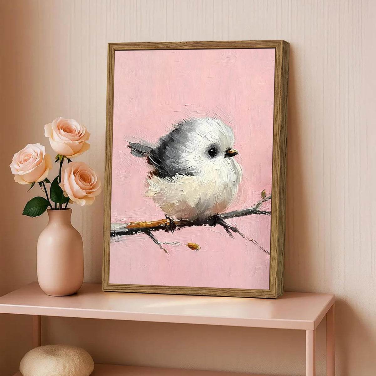 Cute Bird Wall Art Vintage Chickadee on Branch Wall Decor Picture Rustic Animal Poster Canvas Painting Print for Living Kids Room Bedroom 24x16 inch Wood Framed (Animal-M / 24"L x 16"W)