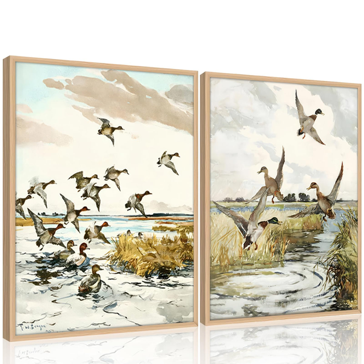 2Pcs Vintage Duck Wall Art Rustic Mallards Marsh Landscape Canvas Prints (Vintage Duck 2Pcs / 12x16 Inches)