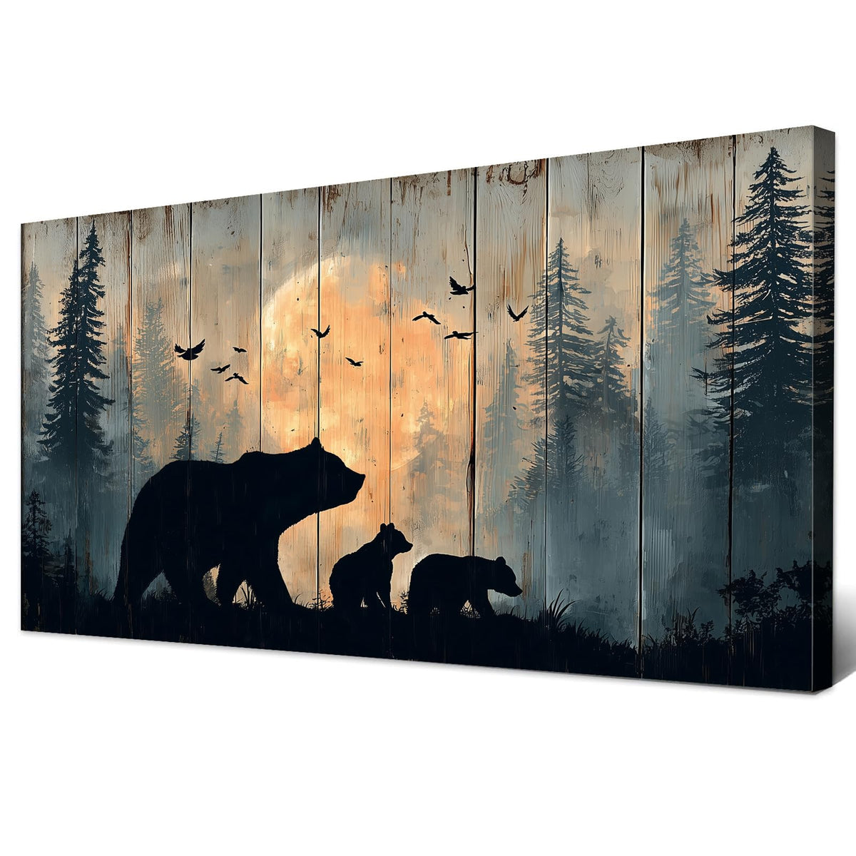 Wildlife Bear Wall Art Rustic Cabin Wall Decor Forest Mountain Animals Landscape Picture Canvas Prints Living Room Kitchen Lodge Decorations for Home Rustic Painting Poster Country Artwork 20x40” (40"L x 20"W / blackbeers)