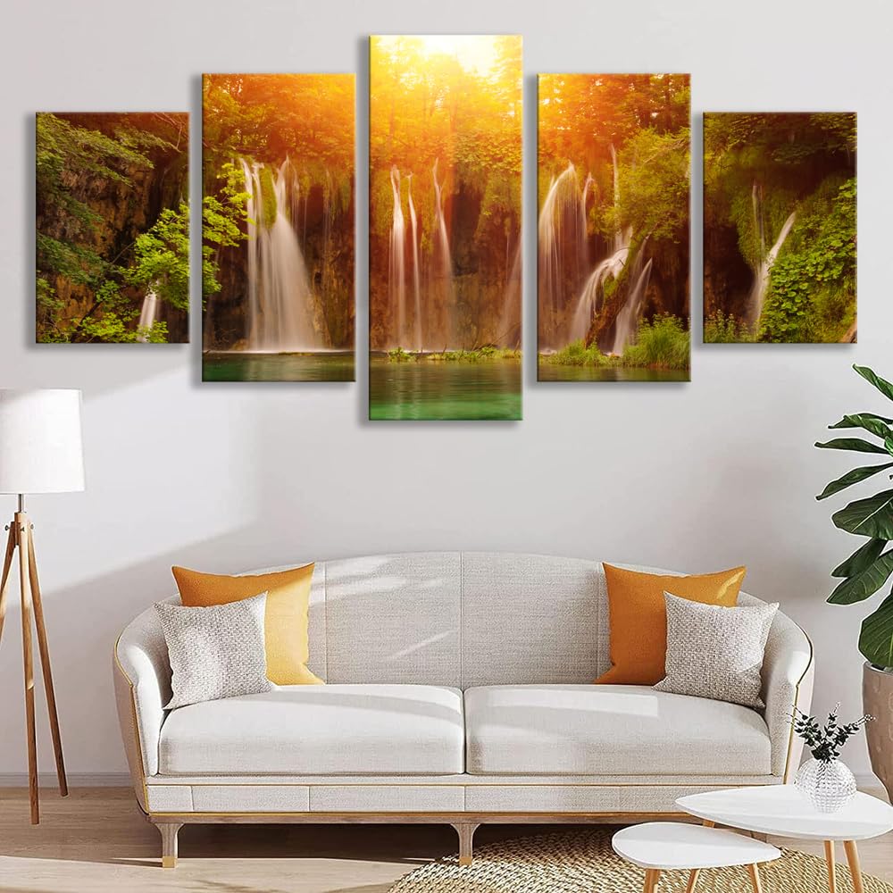 Wall Art Canvas Painting golden Forest Waterfall 5 Piece Mountain River Water Stream and Tree Picture Poster Print Framed and Stretched Ready to Hang for Living Room Bedroom office Artwork (16x24inchx2,16x32inchx2,16x40x1 / Artwork171)