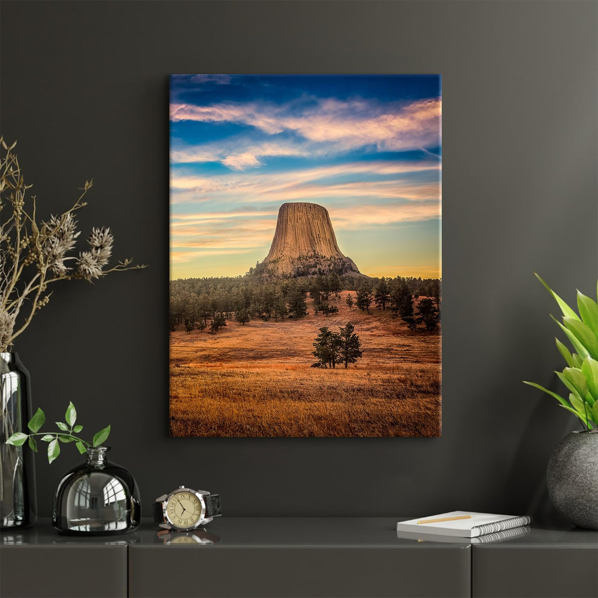 Sunset Mountain Canvas Wall Art Nature Devils Tower Landscape Wall Decor Wyoming National Park Posters National Monument Scenic Photo Prints Artwork for Living Room Bedroom Home Decoration 12x16" (16"L x 12"W / Devils Tower)