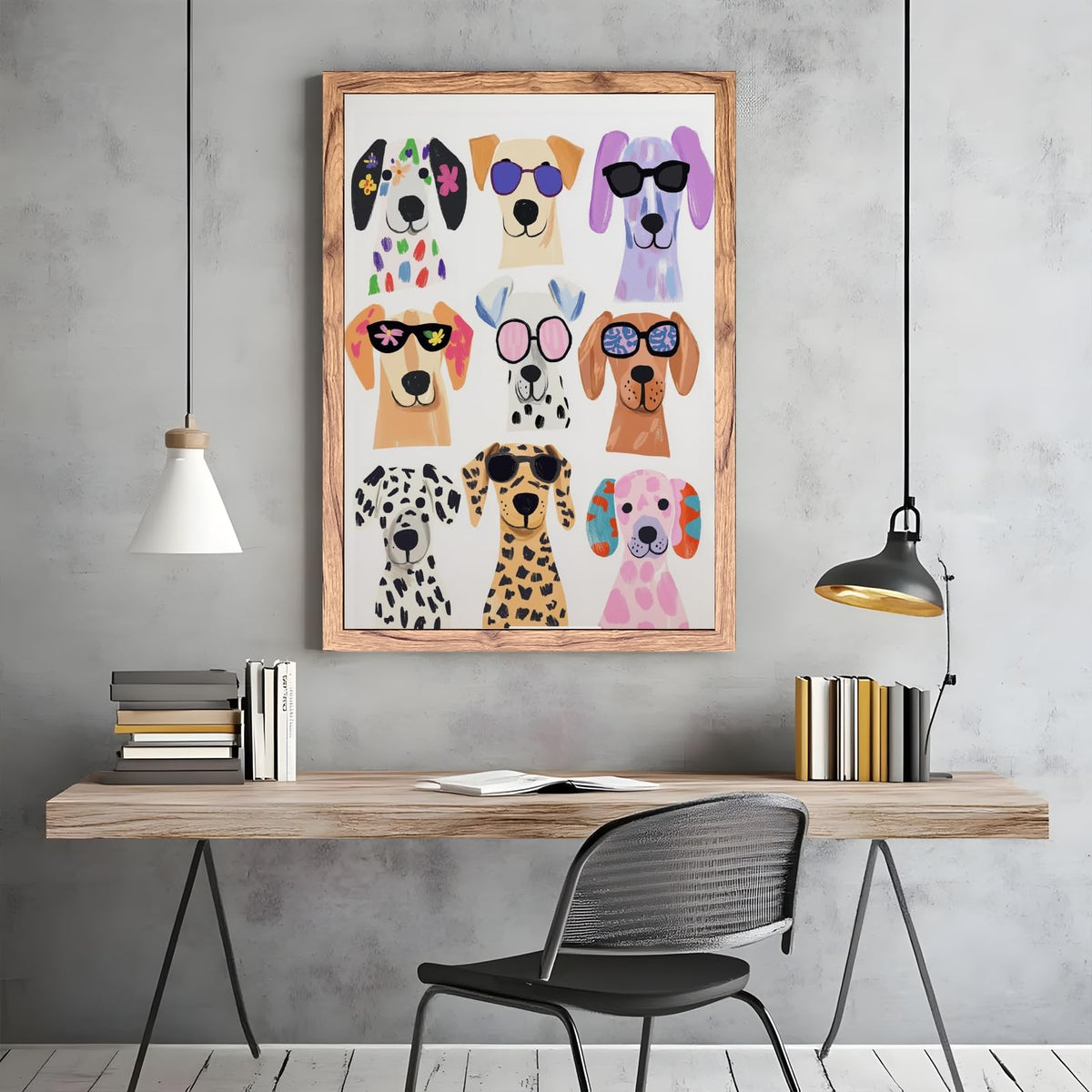 Wood Frame Colorful Funny Dog Wall Art Cool Pet Portrait Canvas Print Trendy Puppy Poster Cute Dogs Wearing Sunglasses Artwork Maximalist Animal Decor for Dorm Bedroom Nursery 20x30inch (20"L x 30"W / style-2 Wood Framed)