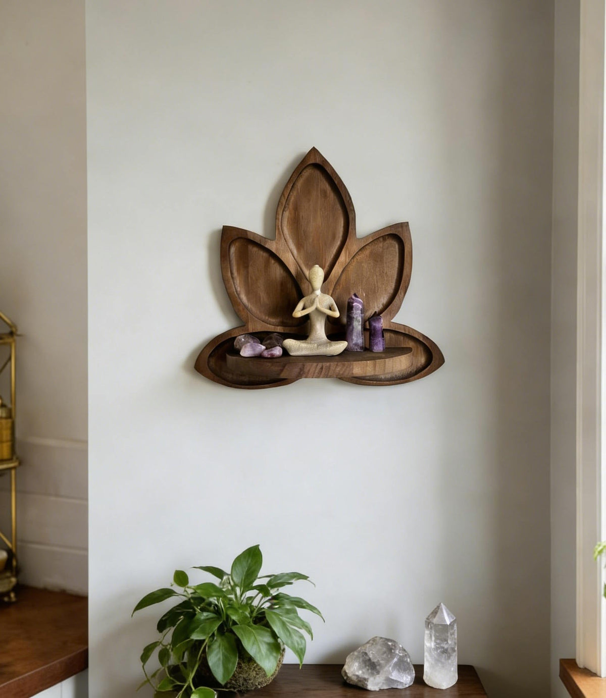 Small Carved Lotus Flower Decorative Wooden Floating Wall Shelf (Walnut)