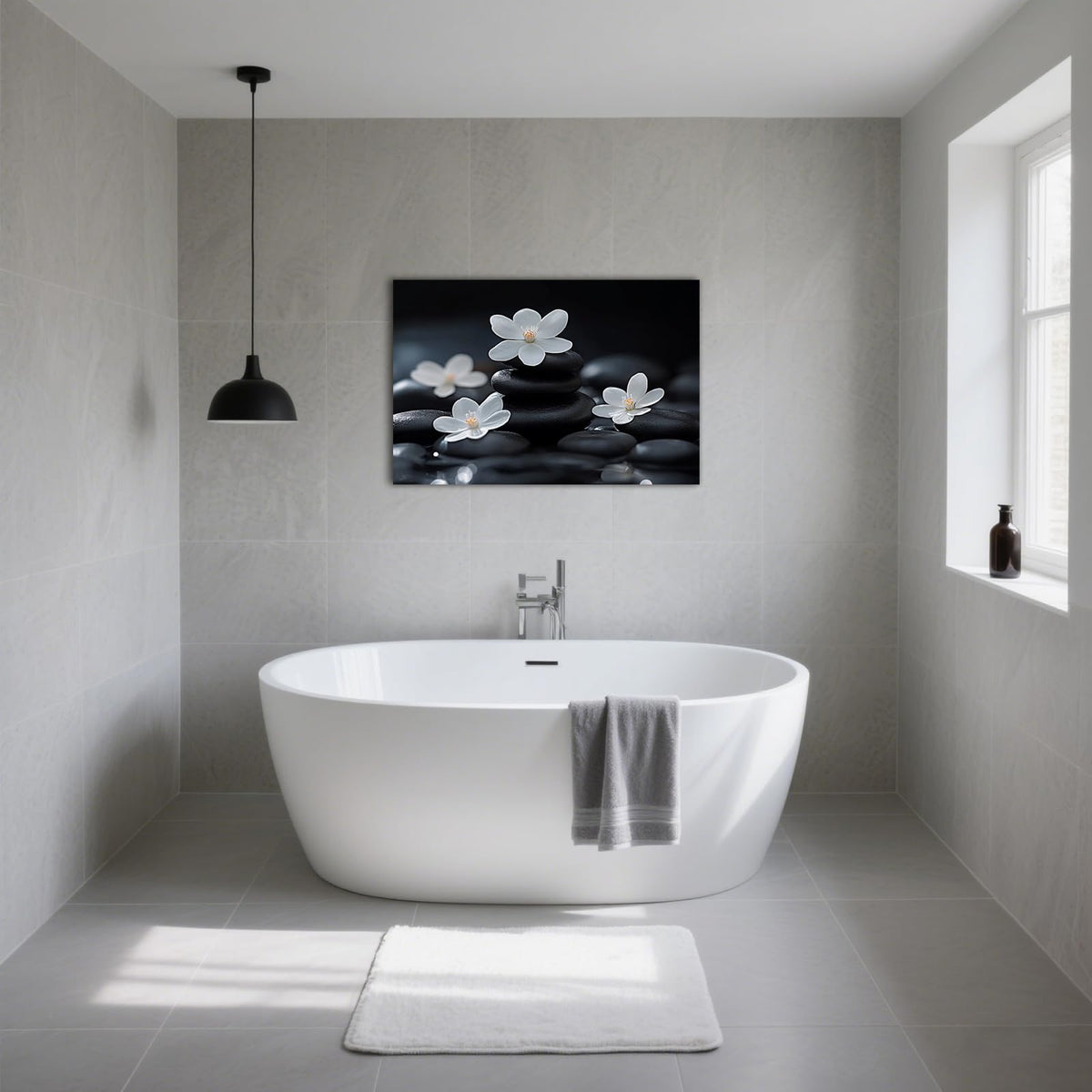 Zen Wall Art Canvas Print Black Stones and White Cherry Blossoms Picture Framed Artwork Poster for Meditation Room Spa Bathroom Decor (WE000050-8 / 24"L x 16"W)