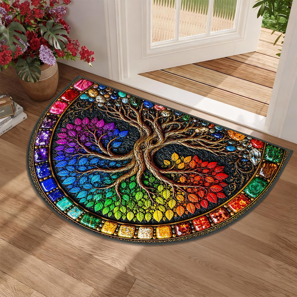 Rainbow Tree of Life Semicircle Rug 24"x36" (74 / 2' x 3' (Semicircular))