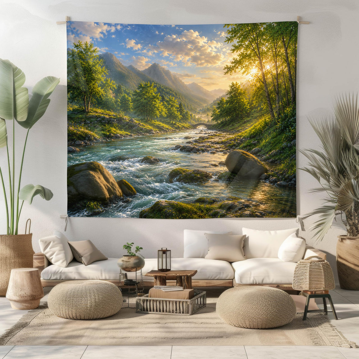 Sunlit River Mountain Tapestry 60x50 (Golden River Valley)