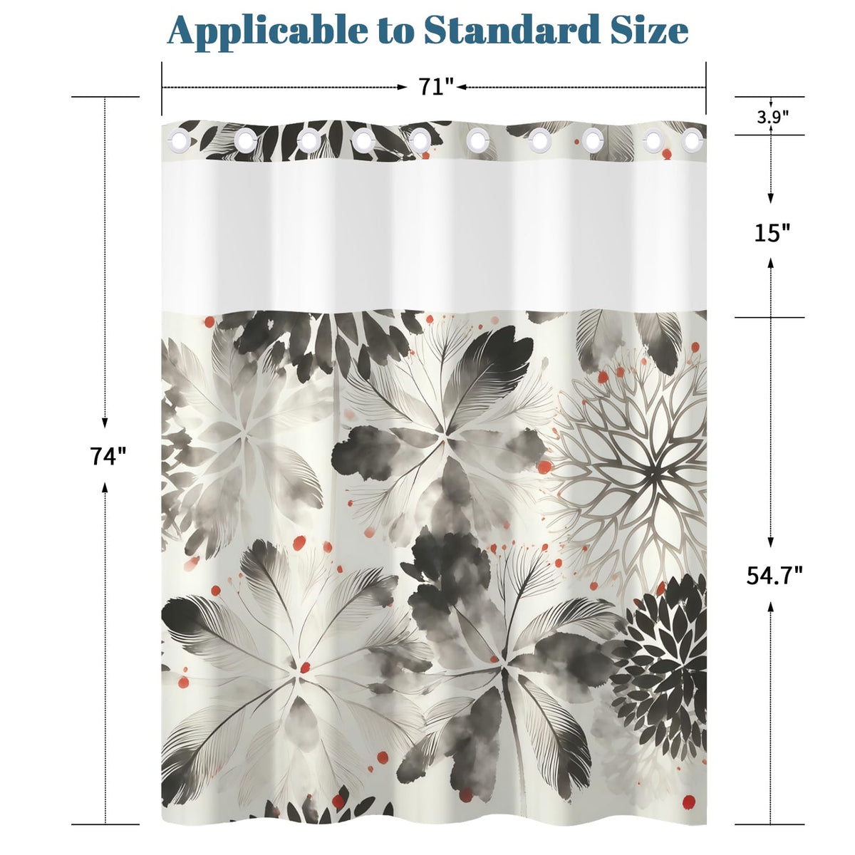 Black Floral Shower Curtain with Snap in Liner (Ink Wash Flower)
