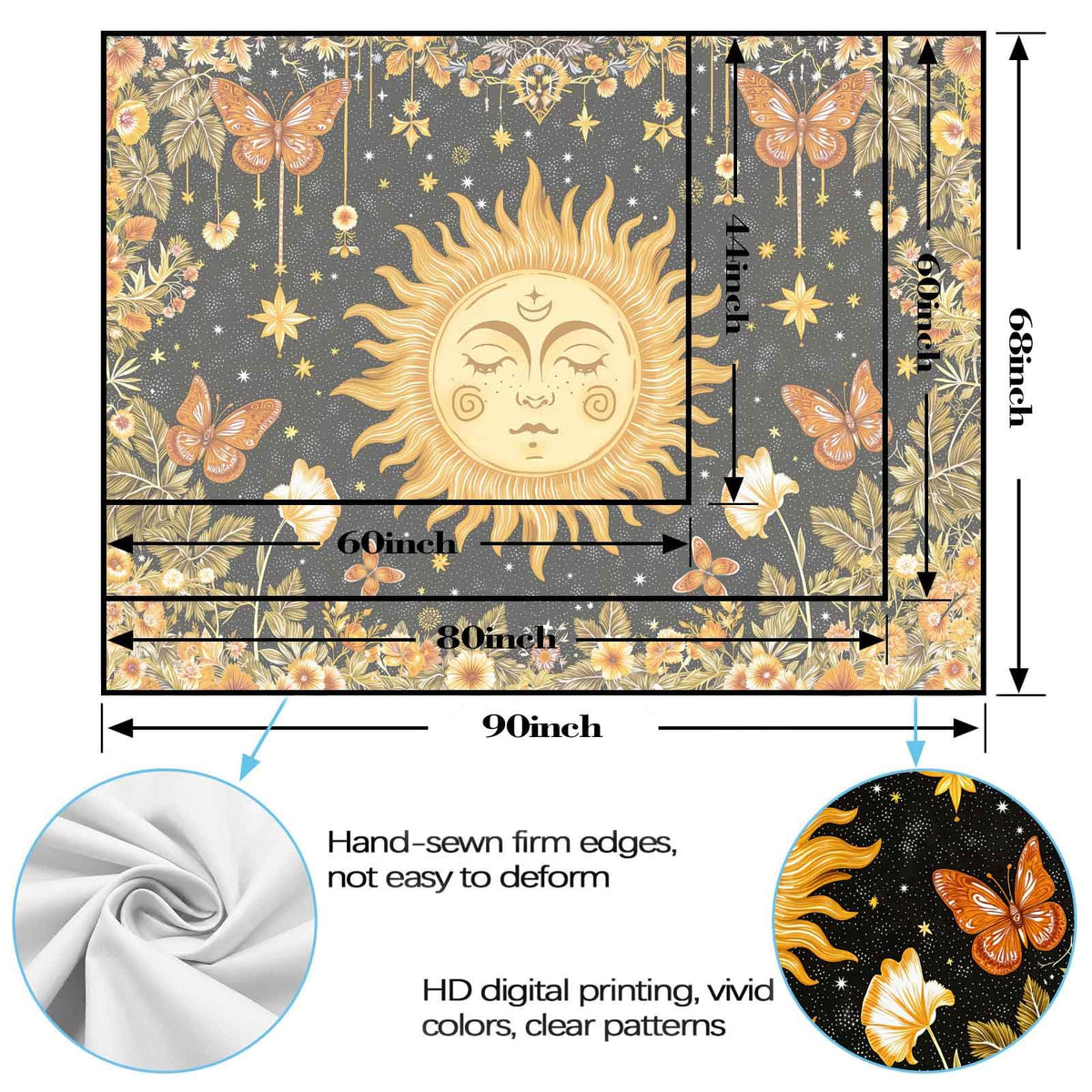 Sun with Face Wall Tapestry (Black Yellow / 90"L x 70"W)