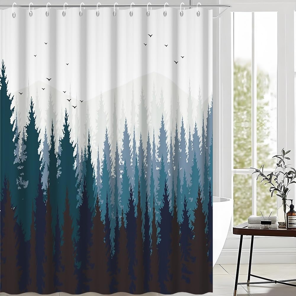 72x72inch Misty Forest Shower Curtain Fantasy Foggy Pine Tree Birds Landscape Woodland Natural Rustic Camper Bath Curtain Waterproof Fabric Polyester for Modern Home Bathroom Decor with Hooks (72"W x 72"L (Pack of 1) / Blue)