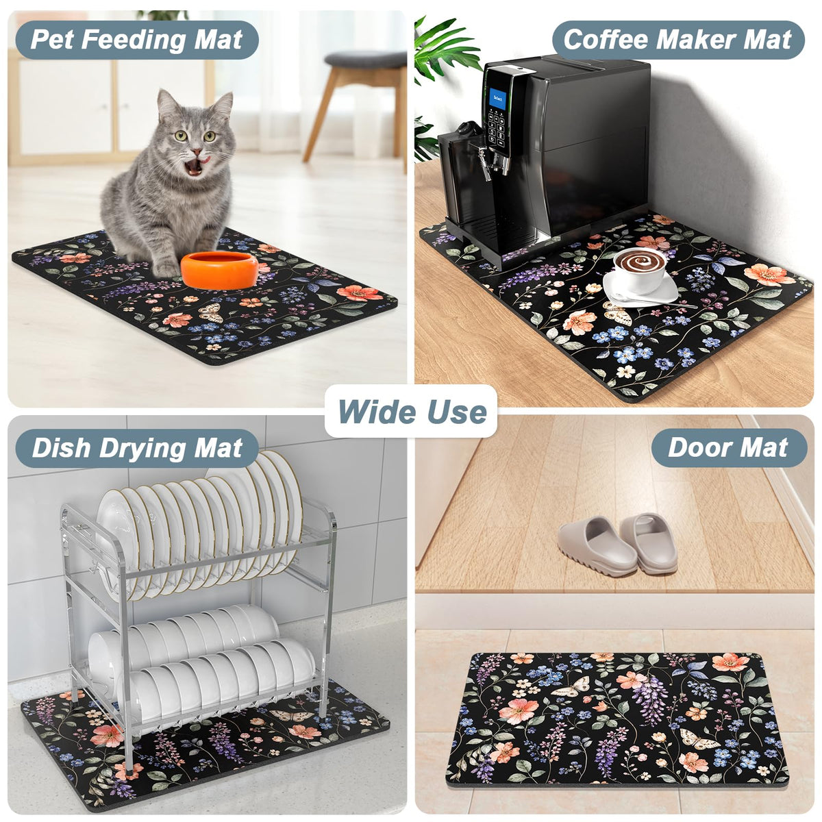 Coffee Mat 16" x 24" Coffee Bar Mats for Espresso Machine Station Accessories and Organizer (Watercolor Wildflower / 16" x 24")