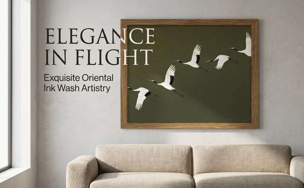 Framed Japanese Flying Cranes Wall Art Canvas Print with Vintage Bird Painting Picture Wall Decor Rustic Nature Animal Canvas Prints Minimalist Home for Living Room Bedroom Office 16x24 Inches (Japanese Cranes / 16"L x 24"W)