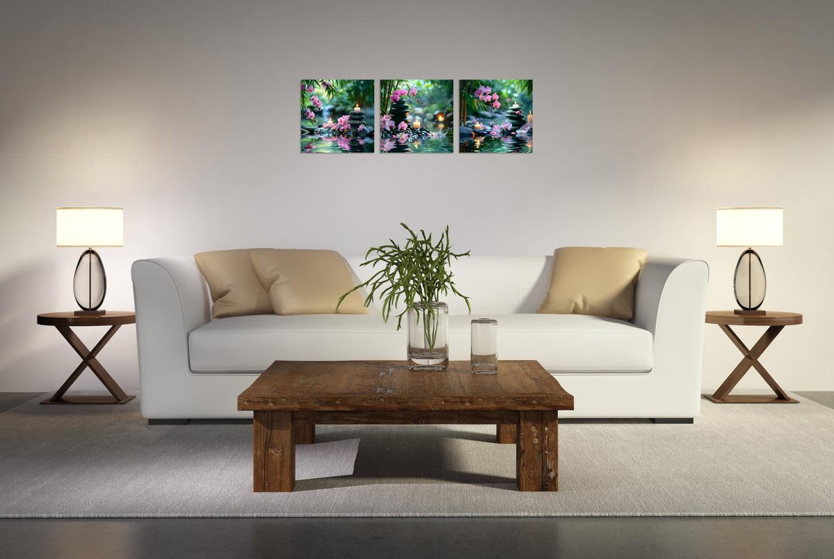 3 Pcs Zen Wall Art Zen Pictures for Bathroom Bamboo Pink Flower Spa Stone with Candles Picture Print on Canvas Zen Wall Art for Office for Home Decor Wall Decor Stretched and Framed 12x12inch (12x12inchx3 / Pink Zen 2)