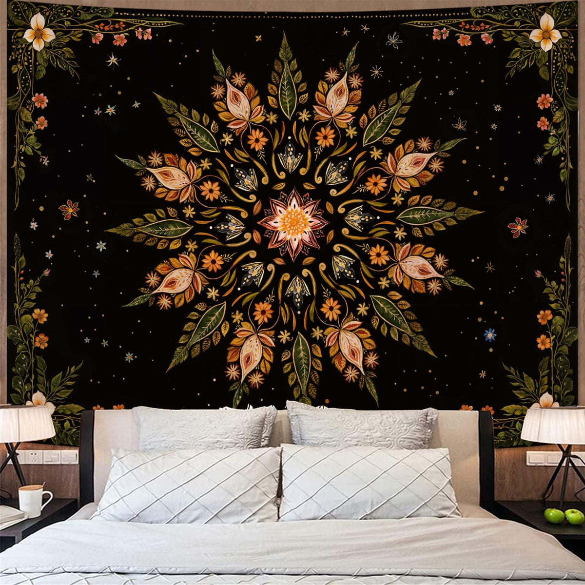 Boho Floral Mandala Tapestry for Bedroom Aesthetic Vintage Bohemian Flower Wall Tapestry Black Green Hippie Indian Extra Large Tapestries Wall Hanging for Living Room Dorm Decor 90 x 68 Inch (Black Green / 90"L x 68"W)