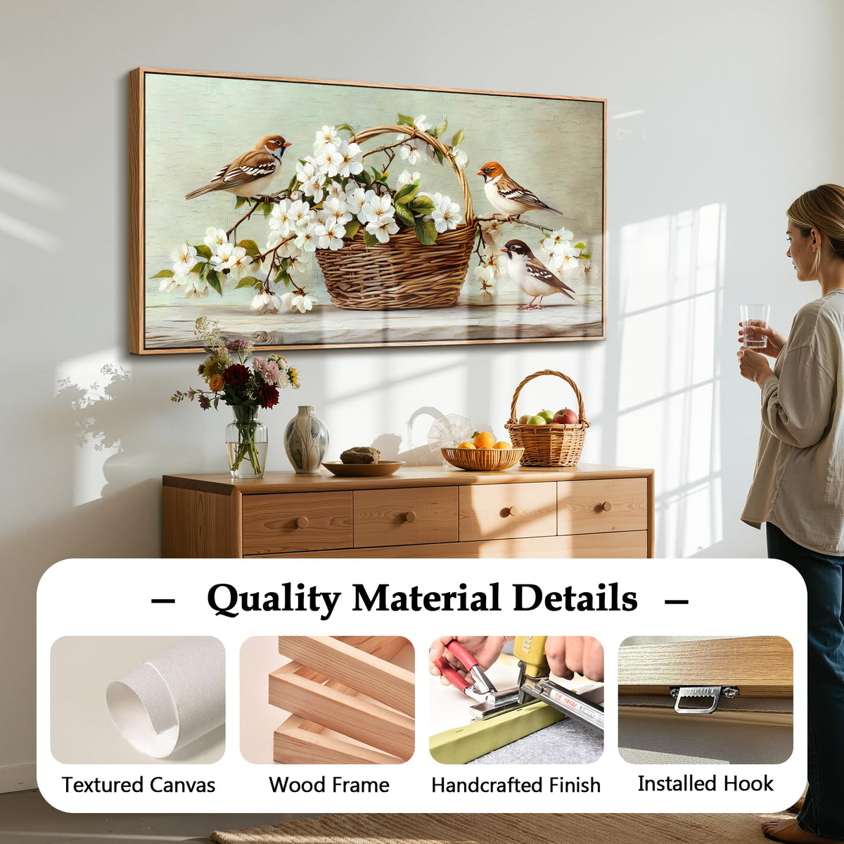 Farmhouse Floral Bird Framed Wall Art Large Flower Decor Neutral (Sparrows Flowers / 40"L x 20"W)