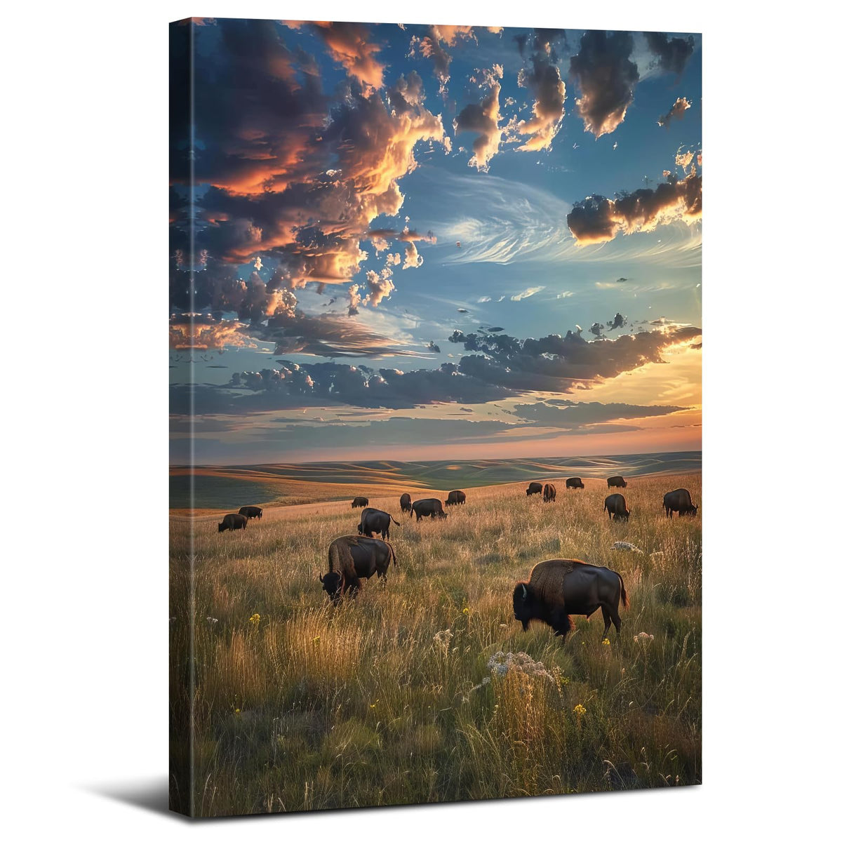 Cow Pictures Wall Decor American Bison Wall Art Tallgrass Prairie National Park Poster Nature Sunset Landscape Canvas Prints Highland Cow Artwork for Living Room Kitchen Home Decorations 12x16" (16"L x 12"W / Tallgrass Prairie)