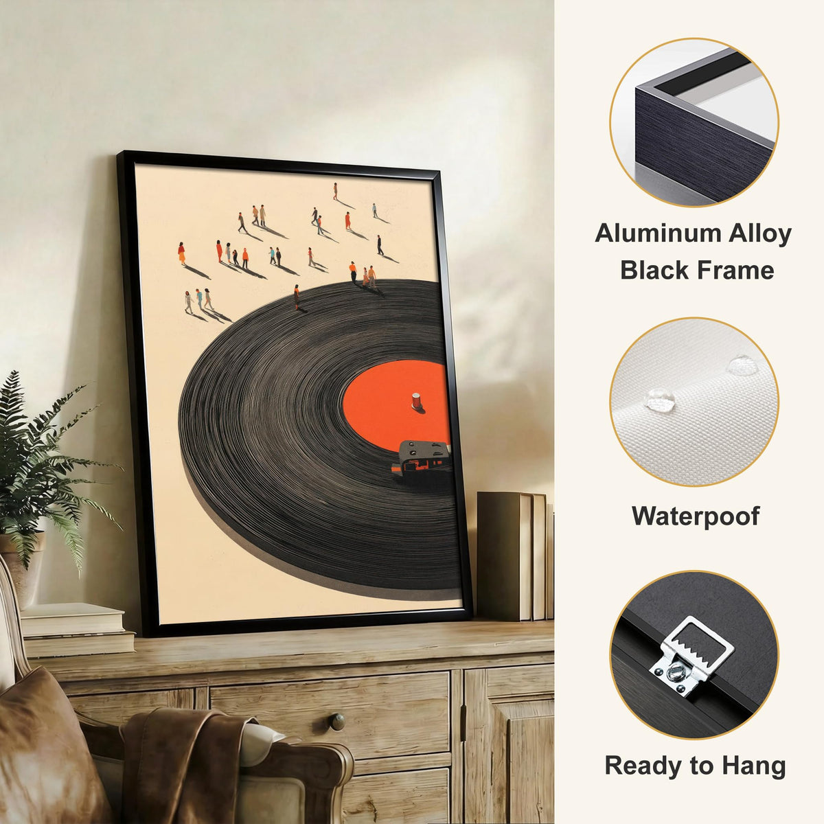 Black Framed Vinyl Record Canvas Wall Art Vintage Music Poster Print (Vintage Vinyl Record / 16"L x 12"W)