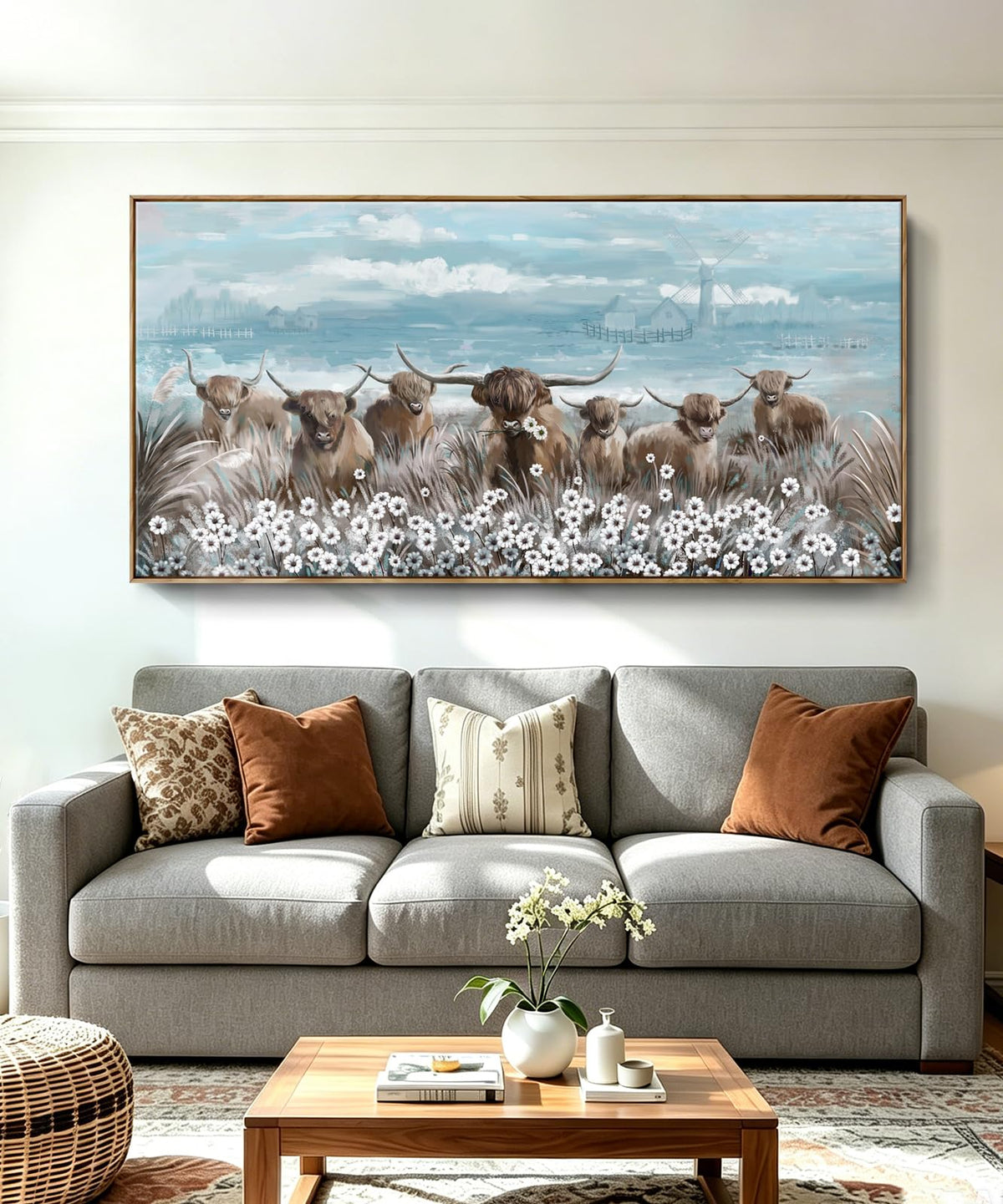 Extra Large Framed Wall Art for Living Room Big Boho Farmhouse Highland Cow Canvas Artwork Flower and Animal Picture Rustic Coastal Blue and Brown Decor for Office Bedroom Kitchen (Highland Cow Wall Art / 58"L x 29"W)