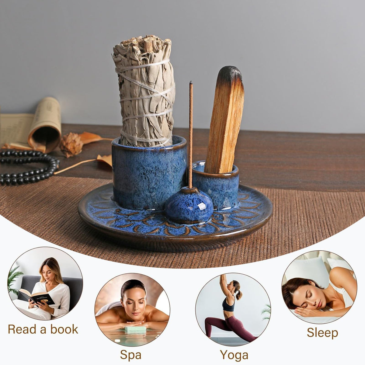 4-in-1 Ceramic Incense Burner Holder for Sticks/Palo Santo/Sage/Candle (Navy)