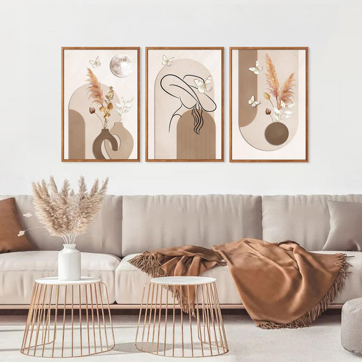 Boho Neutral Framed Wall Art Beige Minimalist Line Art Woman Artwork (Beige / 24"L x 36"W)