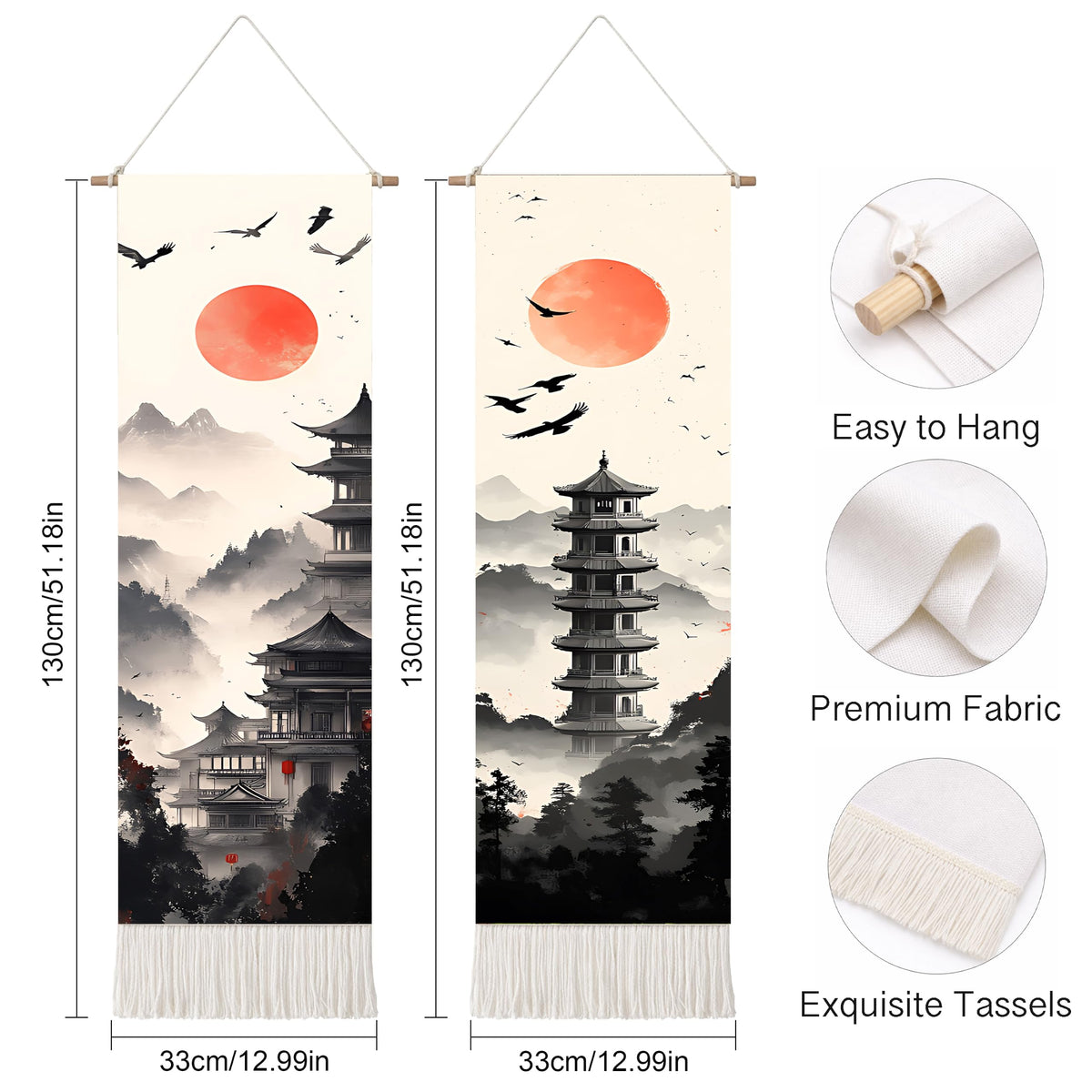 2 Pack Long Vertical Wall Tapestry (Zen Pagoda Twilight / 13"Wx51"H)