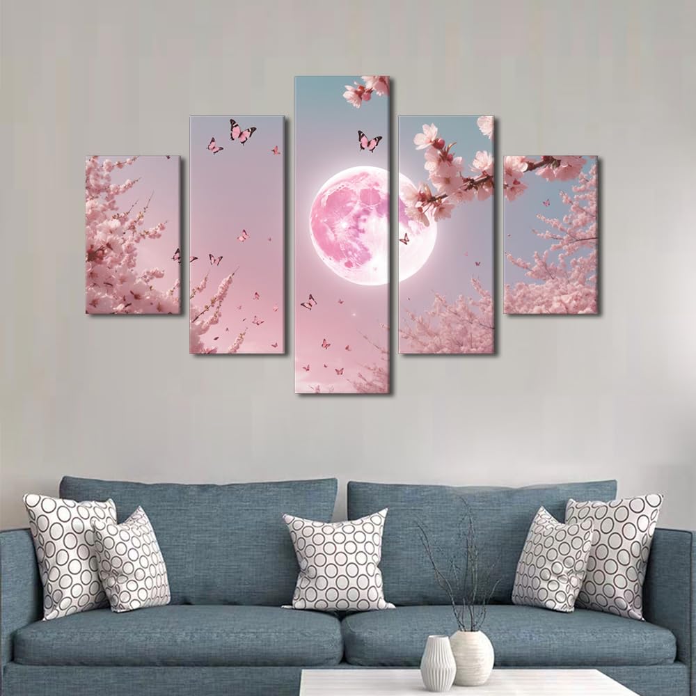 Canvas Wall Art Premium Whispering Moon And Cherry Blossoms Large Framed Poster Minimalist Asian Decor Bedroom Wall Display Five Panel Poetic Night Artwork 60" Wx40 H‌ (60''Wx40''H / Artwork-10)