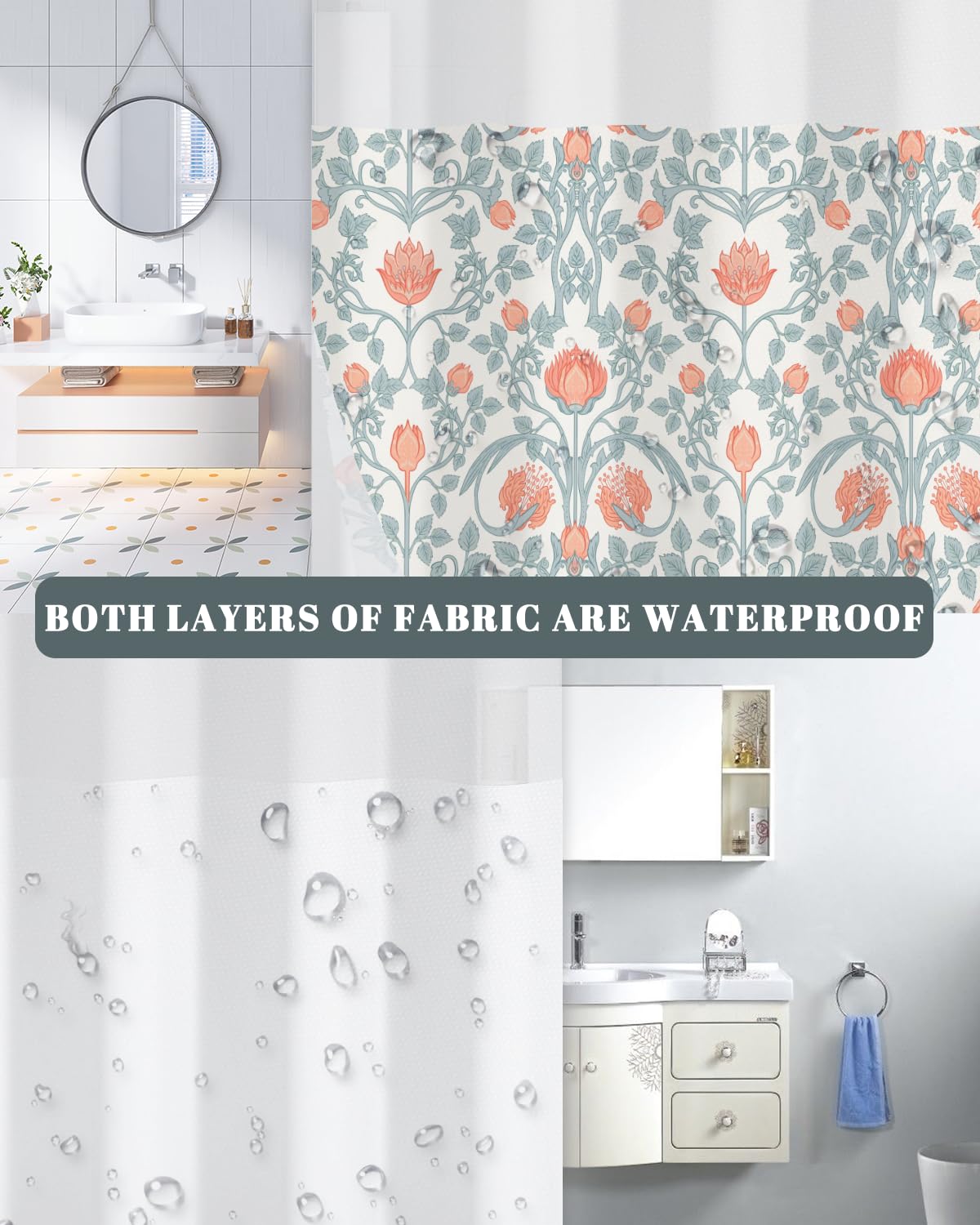 Floral Shower Curtain with Snap in Removable Liner (Retro Floral)