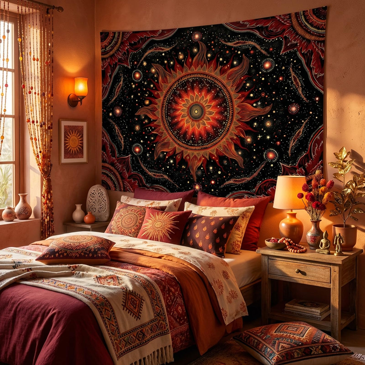 Tapestry Fiery Celestial Sun Mandala Wall Hanging Mystical Red Gold Starry Sky Decor Bohemian Yoga Meditation Backdrop 80"x60" (80"L x 60"W / Dark Red)